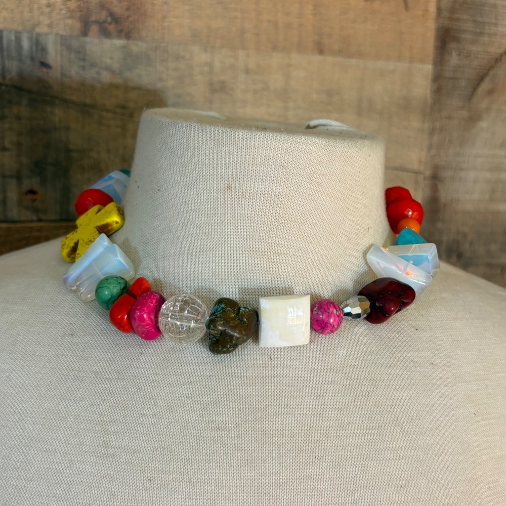 Chunky Multi Color Bead Necklace Yellow Cross Faux Turquoise Toggle Clasp 18in